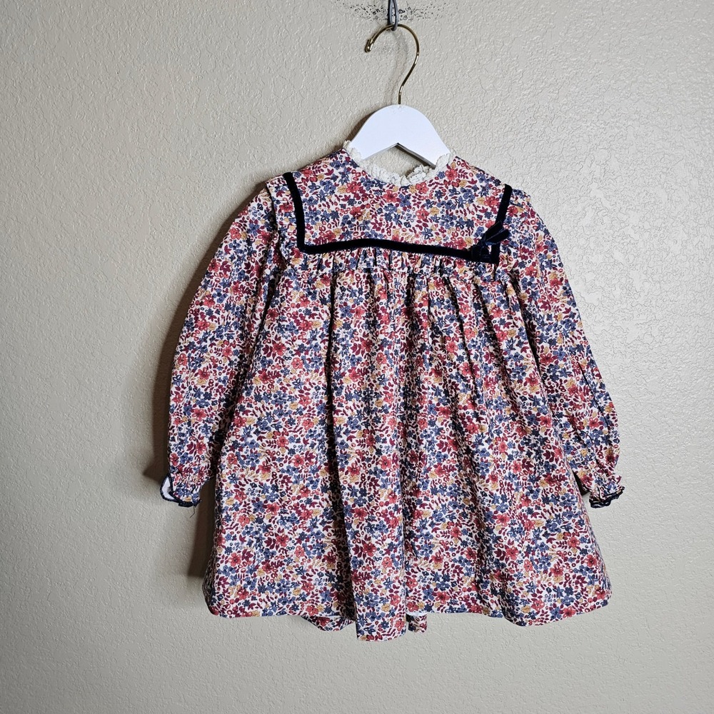 Pepa London Kids Girls Floral Cotton Dress Lace Collar Velvet Trim 4 Made Spain